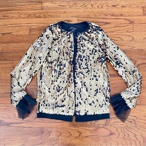 Target Art Class Gold Sequin Black Tulle Ruffle Sleeves Bomber Jacket Girl’s XL